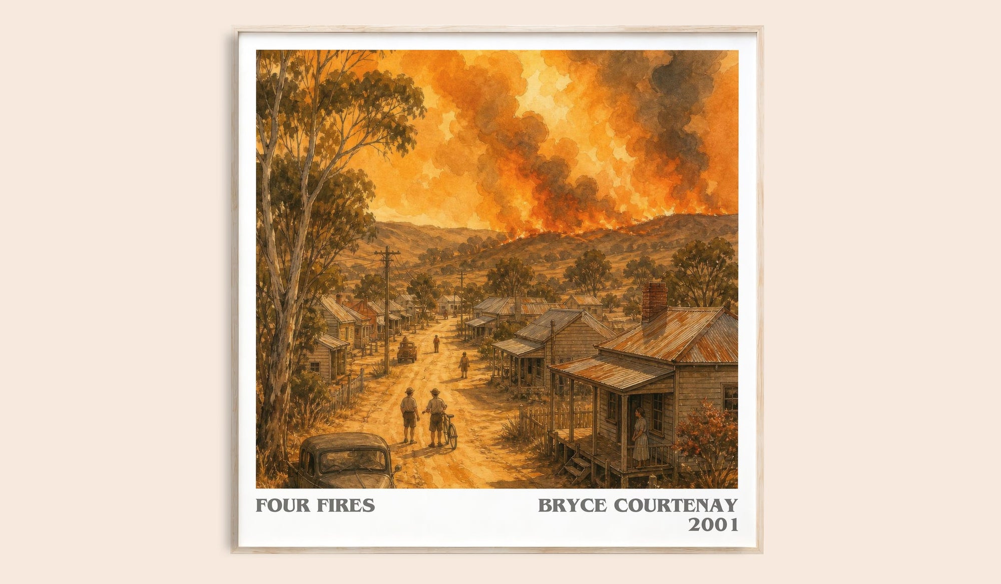 Four Fires literary book poster by Bryce Courtenay – framed literary art print