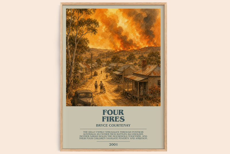 Four Fires bookish book poster by Bryce Courtenay – framed literary art print