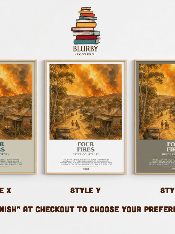 Four Fires bookish print in frame leaning in hallway – historical fiction wall art