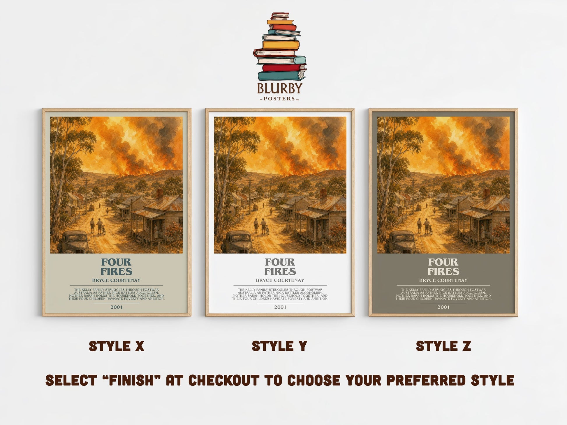 Four Fires bookish print in frame leaning in hallway – historical fiction wall art