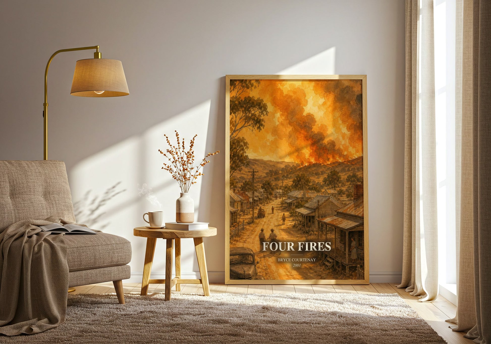 Four Fires watercolour print in frame leaning in hallway – historical fiction wall art