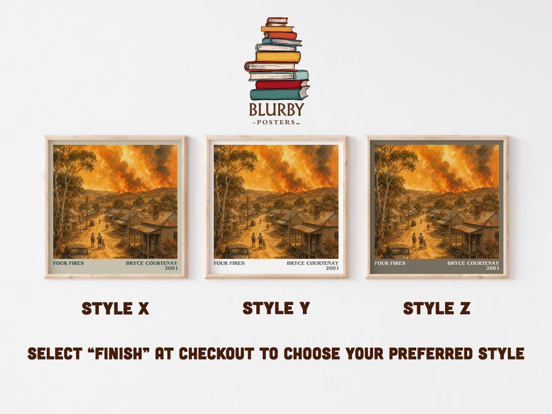 Four Fires literary print in frame leaning in hallway – historical fiction wall art