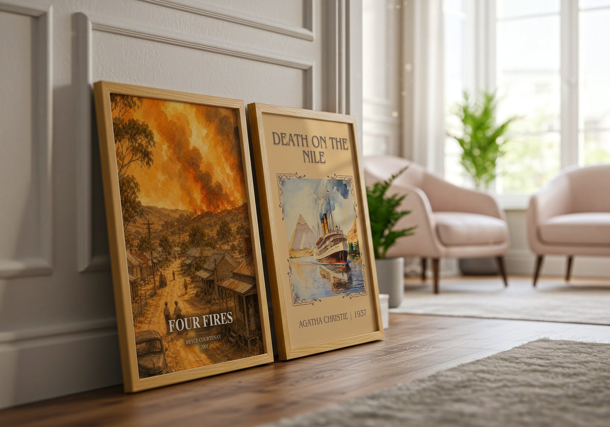 Four Fires watercolour print framed by window – literary home decor