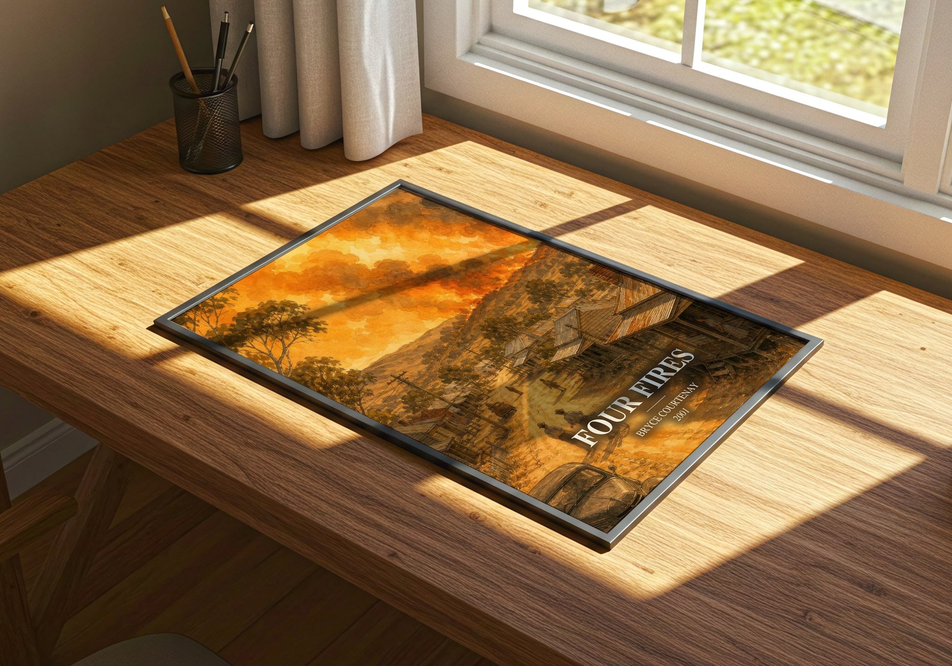 Four Fires watercolour book poster framed on wall – historical fiction wall art