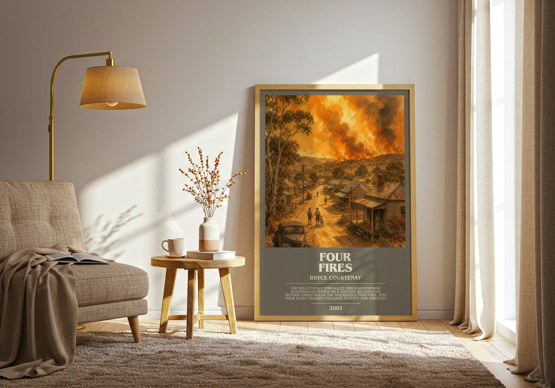 Four Fires bookish print on bookshelf – Bryce Courtenay fan gift