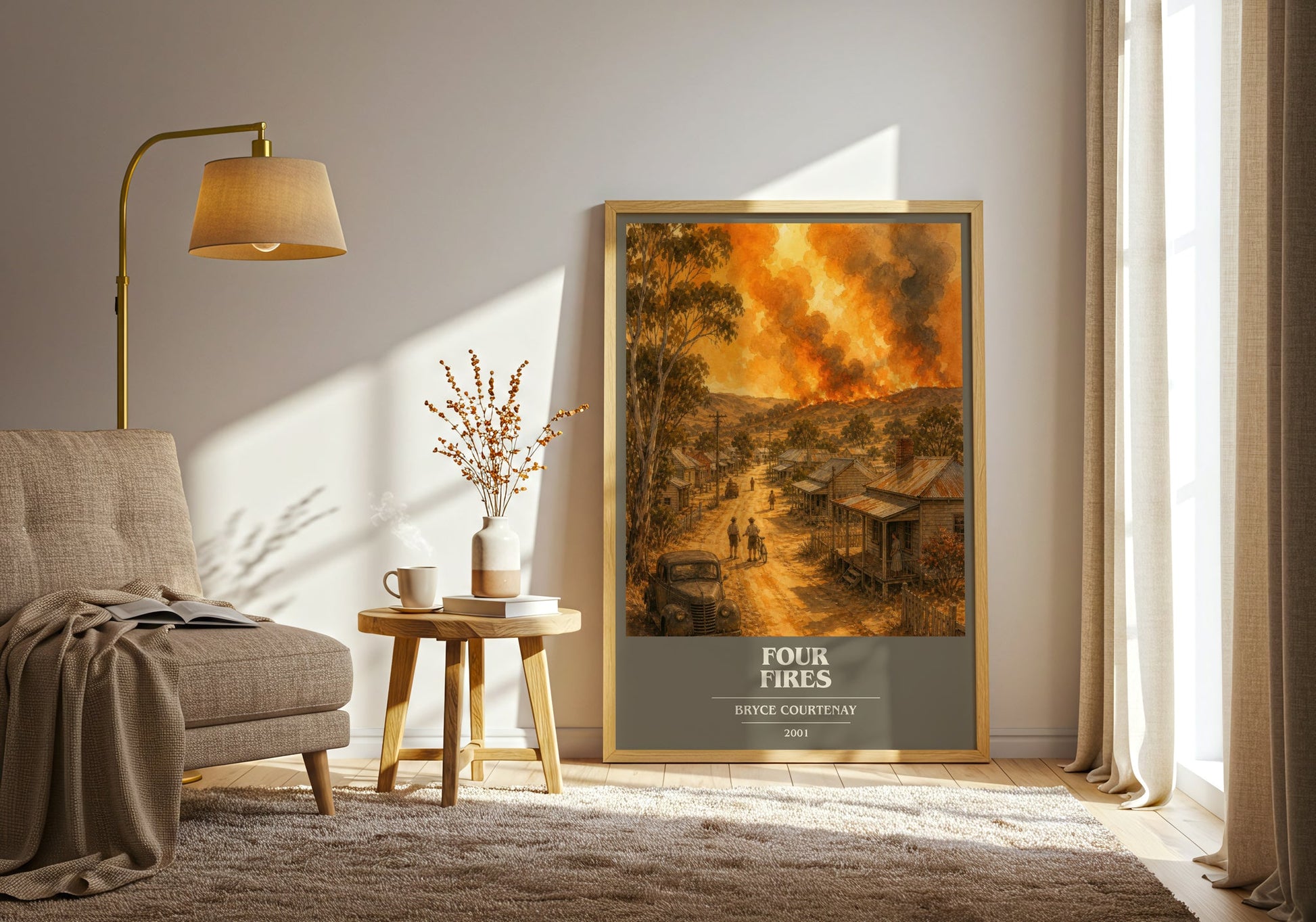 Four Fires book cover print on bookshelf – Bryce Courtenay fan gift