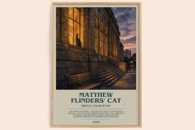 Matthew Flinders' Cat bookish book poster by Bryce Courtenay – framed literary art print