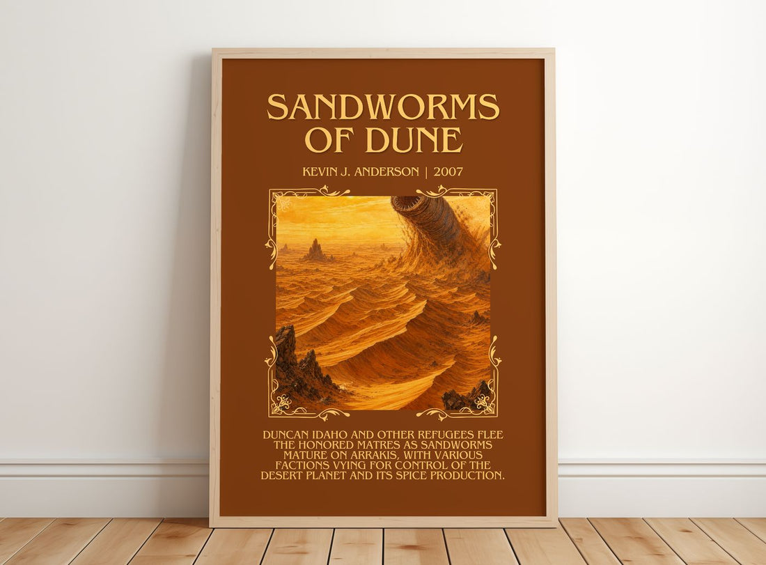 Sandworms of Dune Minimalist Book Poster by Kevin J. Anderson – framed print leaning on a wooden floor