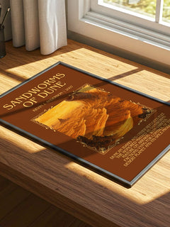 Sandworms of Dune Minimalist Book Poster by Kevin J. Anderson – print on a sunlit desk