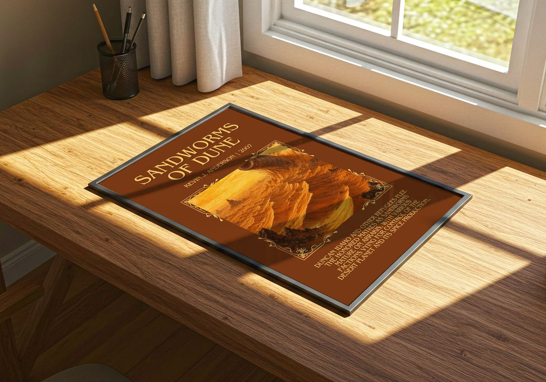Sandworms of Dune Minimalist Book Poster by Kevin J. Anderson – print on a sunlit desk