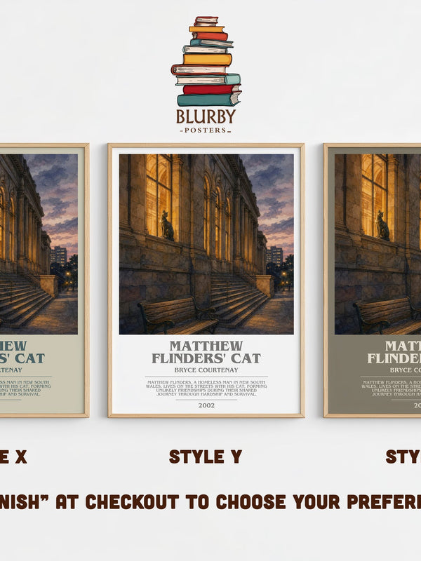 Matthew Flinders' Cat bookish print in frame leaning in hallway – literary fiction wall art