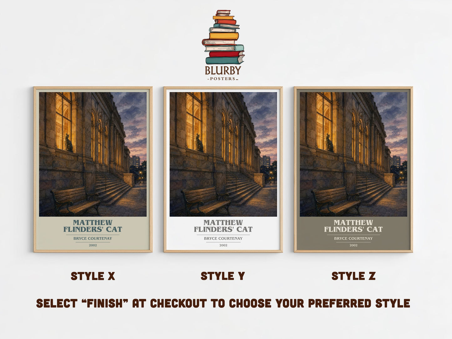 Matthew Flinders' Cat book cover print in frame leaning in hallway – literary fiction wall art