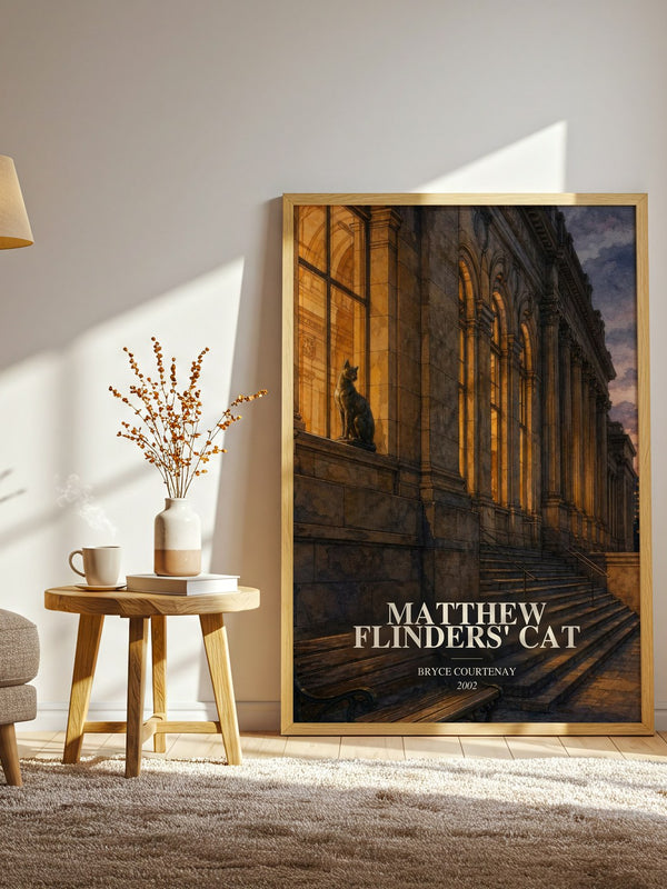 Matthew Flinders' Cat watercolour print in frame leaning in hallway – literary fiction wall art