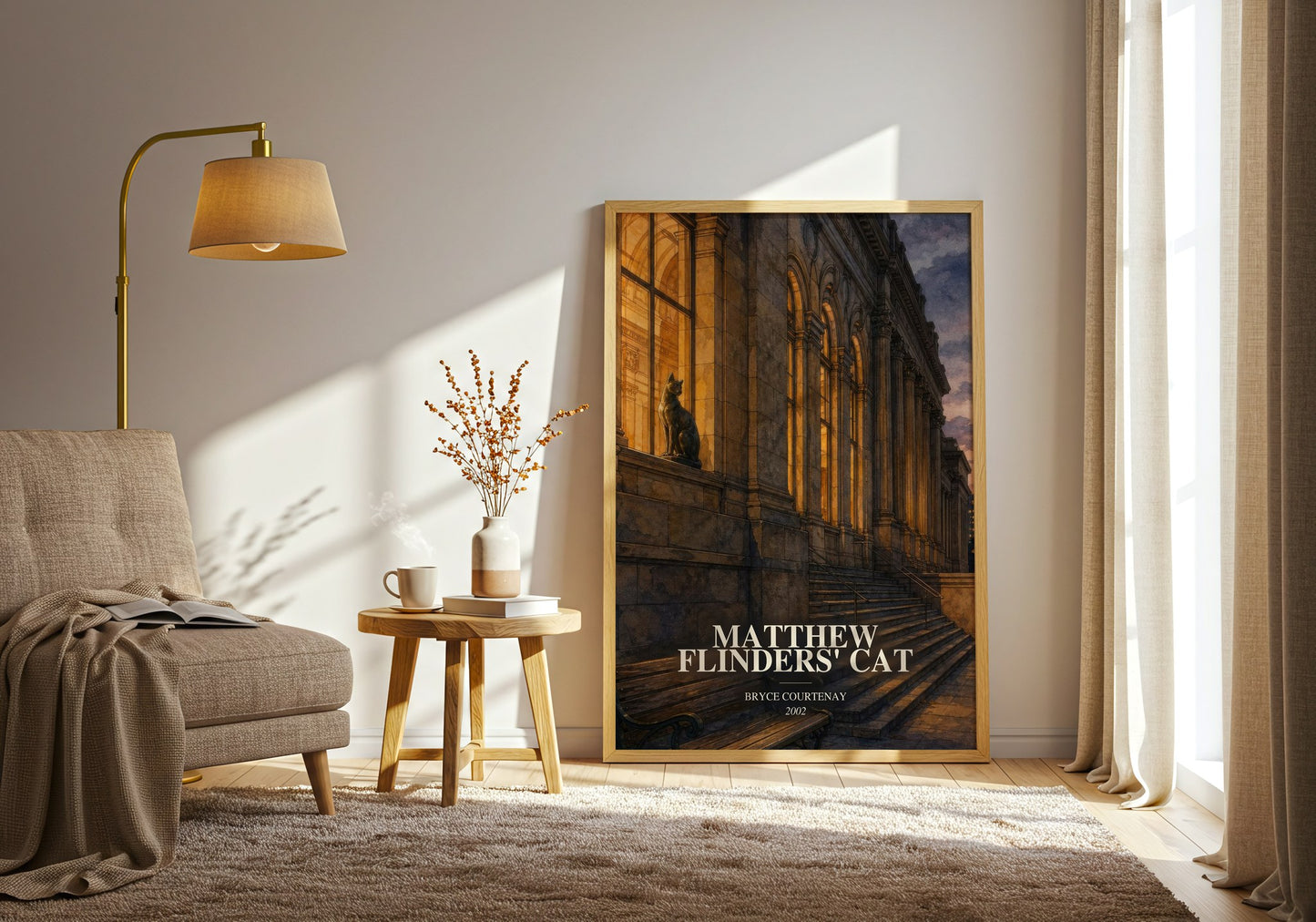 Matthew Flinders' Cat watercolour print in frame leaning in hallway – literary fiction wall art