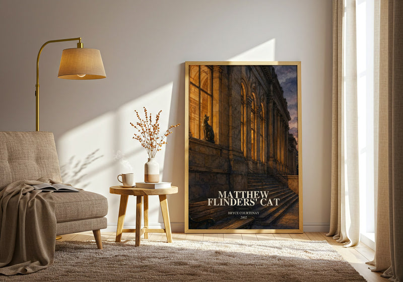 Matthew Flinders' Cat watercolour print in frame leaning in hallway – literary fiction wall art