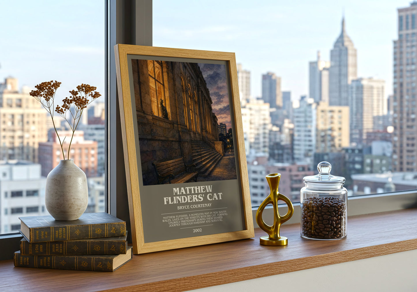 Matthew Flinders' Cat bookish print framed by window – literary home decor