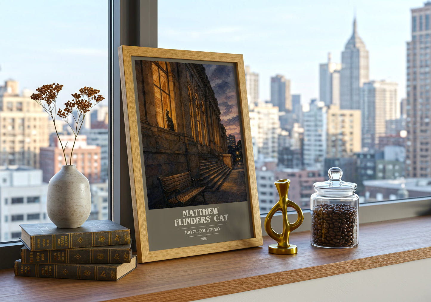 Matthew Flinders' Cat book cover print framed by window – literary home decor