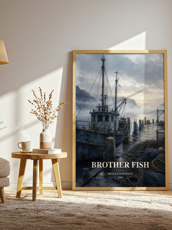 Brother Fish watercolour print in frame leaning in hallway – literary fiction wall art
