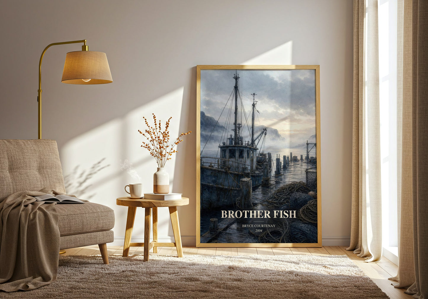 Brother Fish watercolour print in frame leaning in hallway – literary fiction wall art