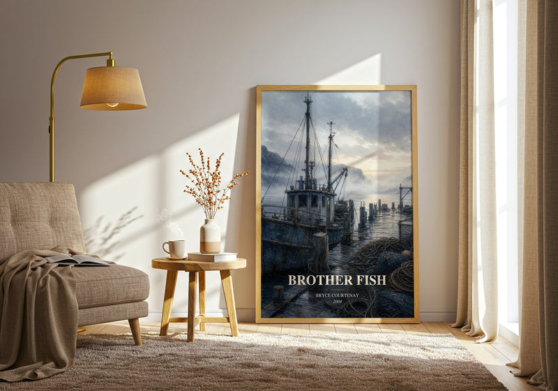 Brother Fish watercolour print in frame leaning in hallway – literary fiction wall art