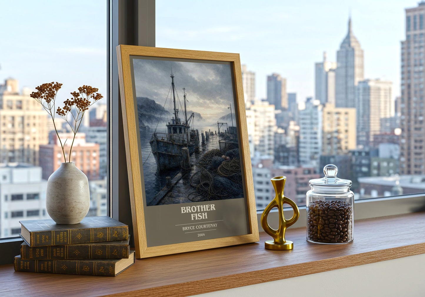 Brother Fish book cover print framed by window – literary home decor