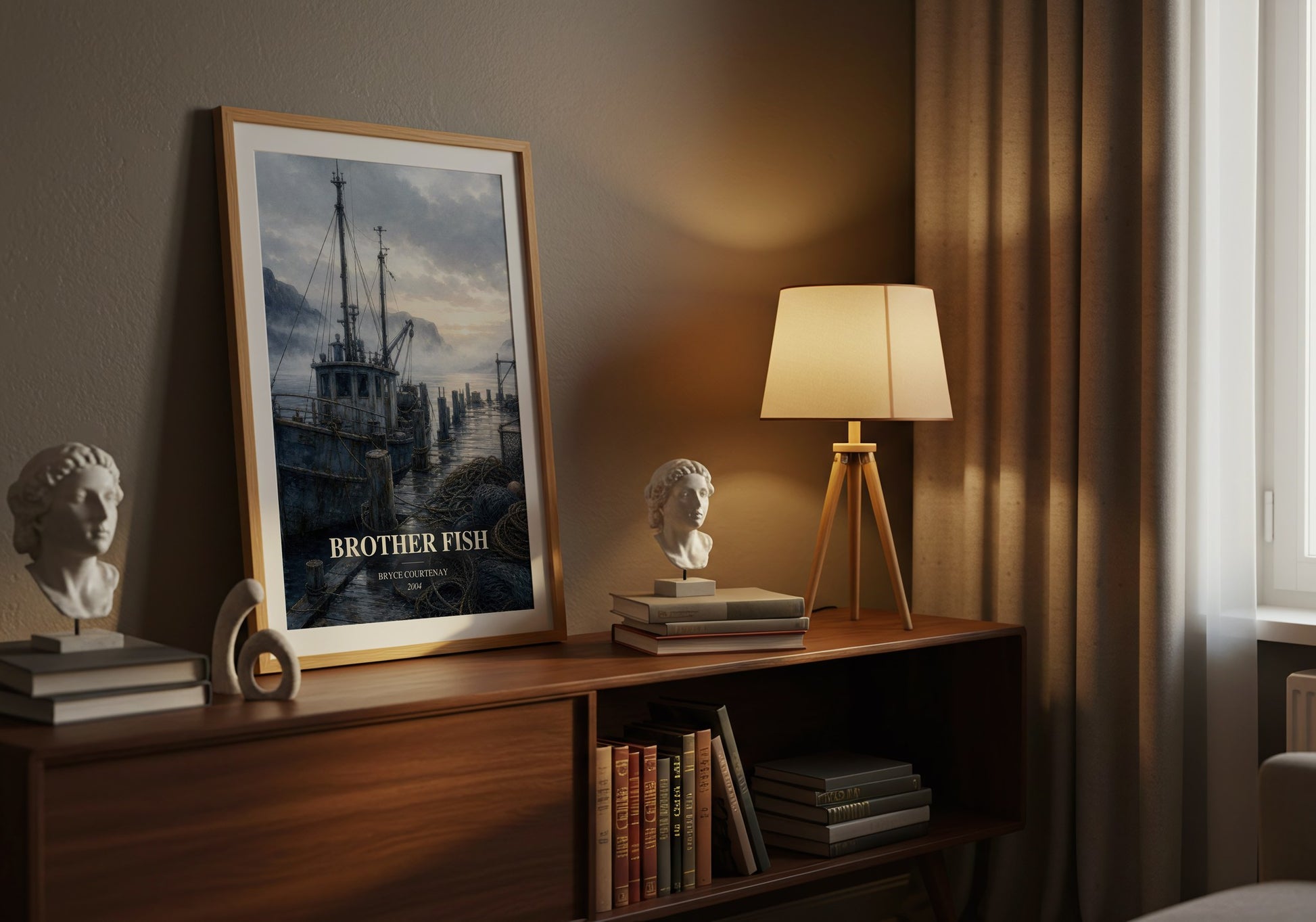 Brother Fish watercolour print on bookshelf – Bryce Courtenay fan gift