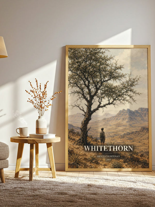 Whitethorn watercolour print in frame leaning in hallway – historical fiction wall art