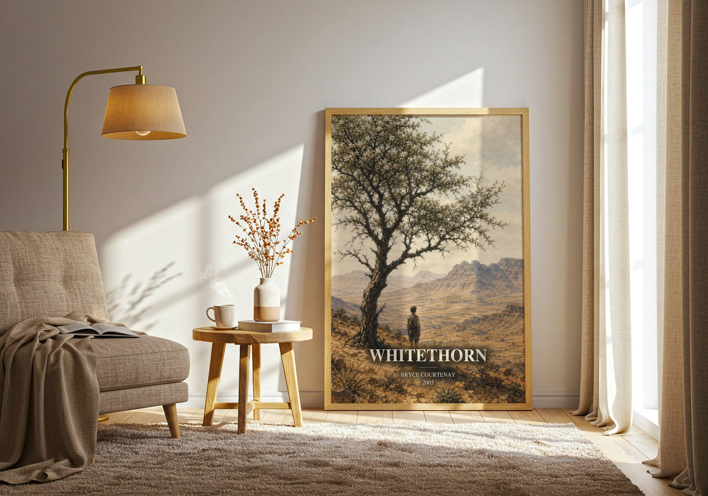 Whitethorn watercolour print in frame leaning in hallway – historical fiction wall art