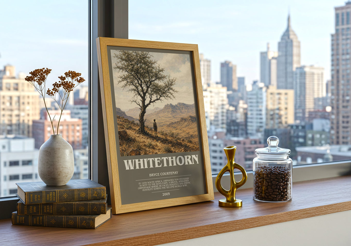Whitethorn bookish print framed by window – literary home decor