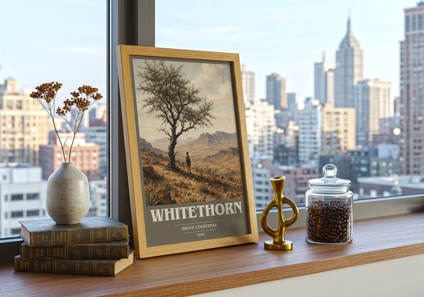 Whitethorn book cover print framed by window – literary home decor
