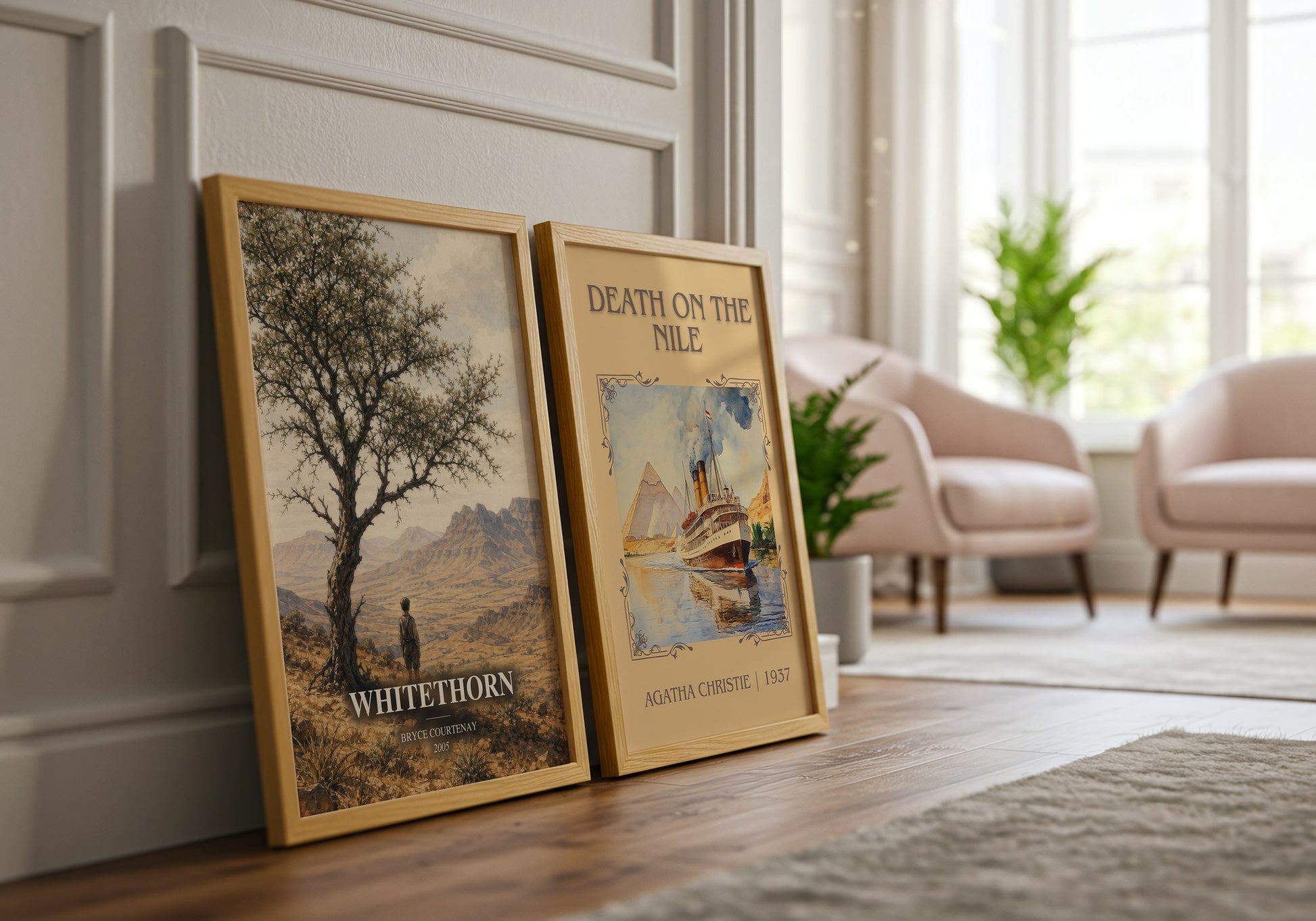 Whitethorn watercolour print framed by window – literary home decor