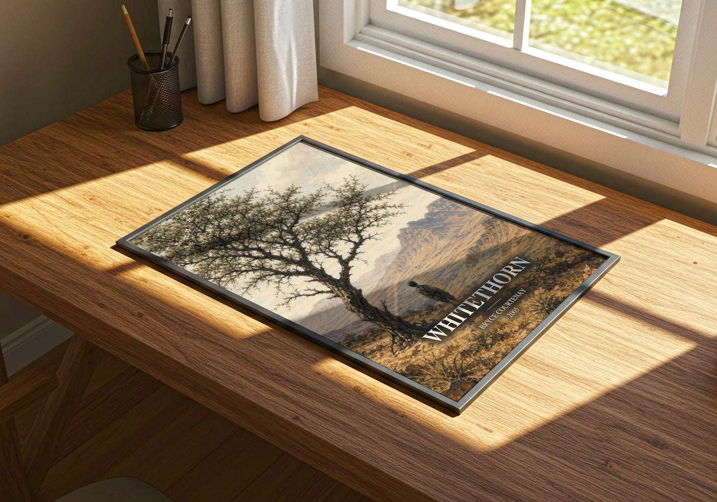 Whitethorn watercolour book poster framed on wall – historical fiction wall art