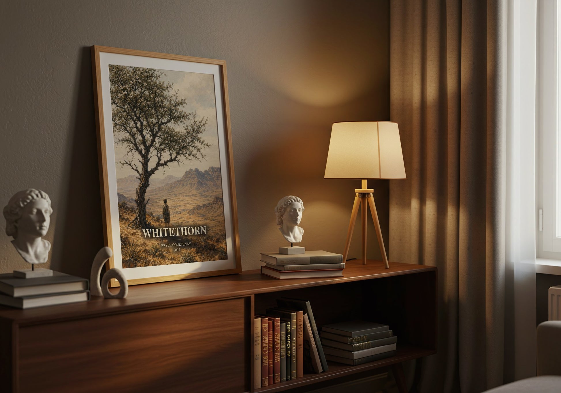 Whitethorn watercolour print on bookshelf – Bryce Courtenay fan gift