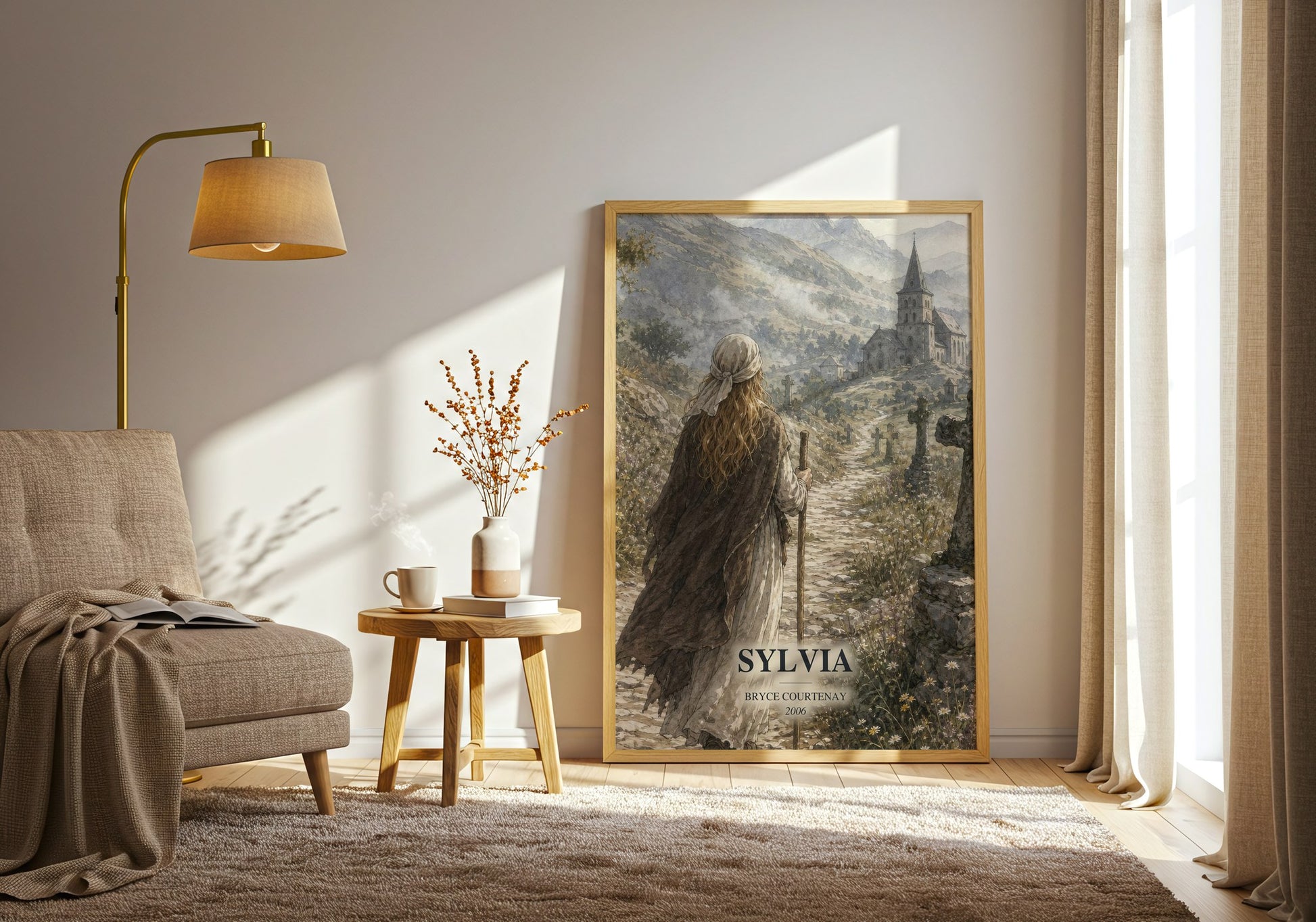 Sylvia watercolour print in frame leaning in hallway – historical fiction wall art