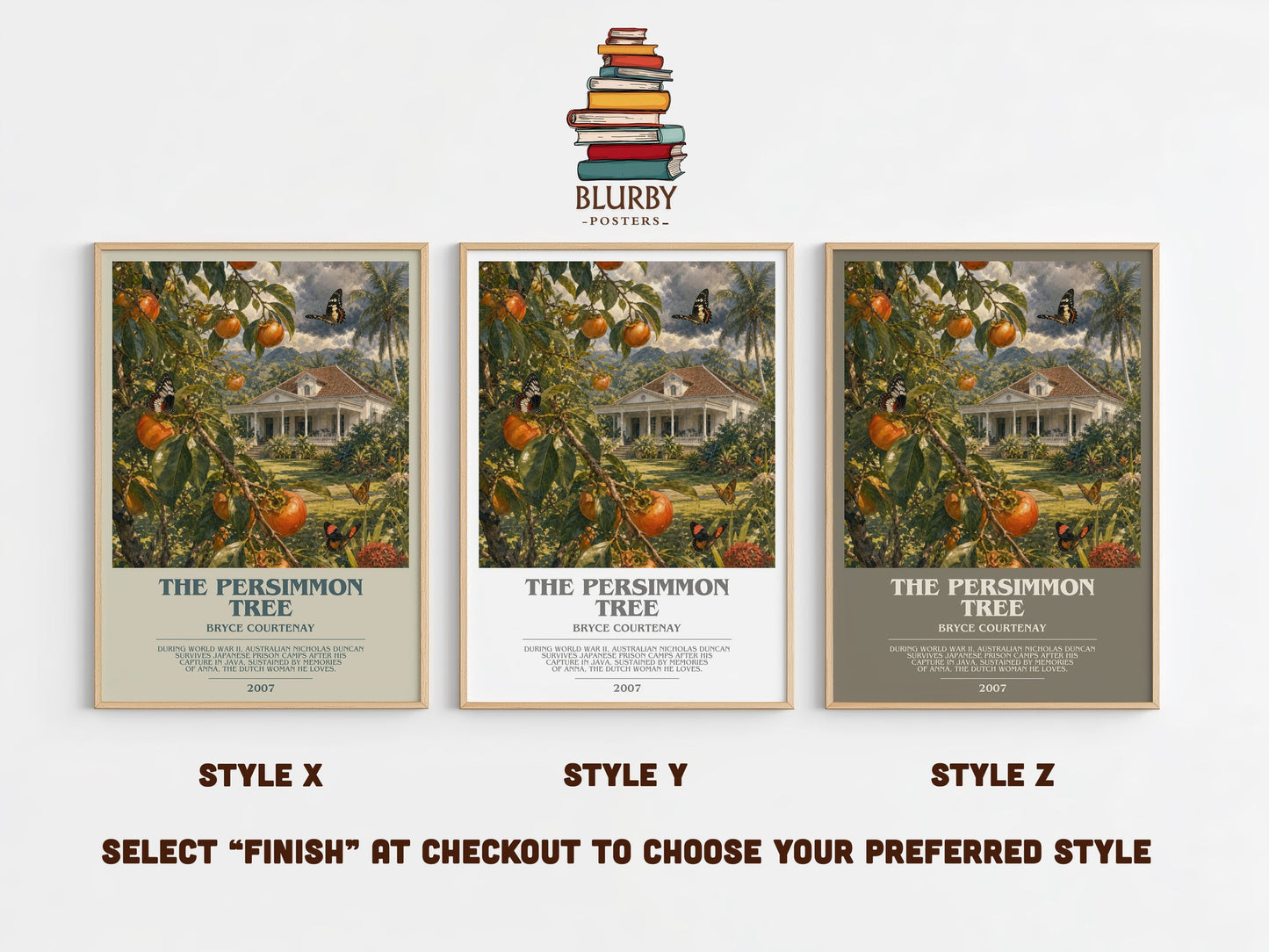 The Persimmon Tree bookish print in frame leaning in hallway – historical fiction wall art