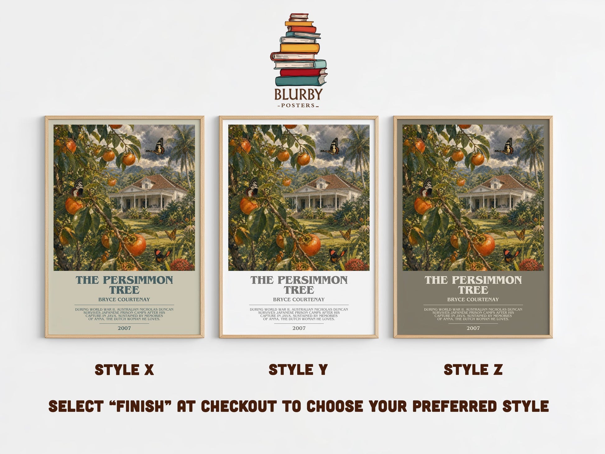 The Persimmon Tree bookish print in frame leaning in hallway – historical fiction wall art