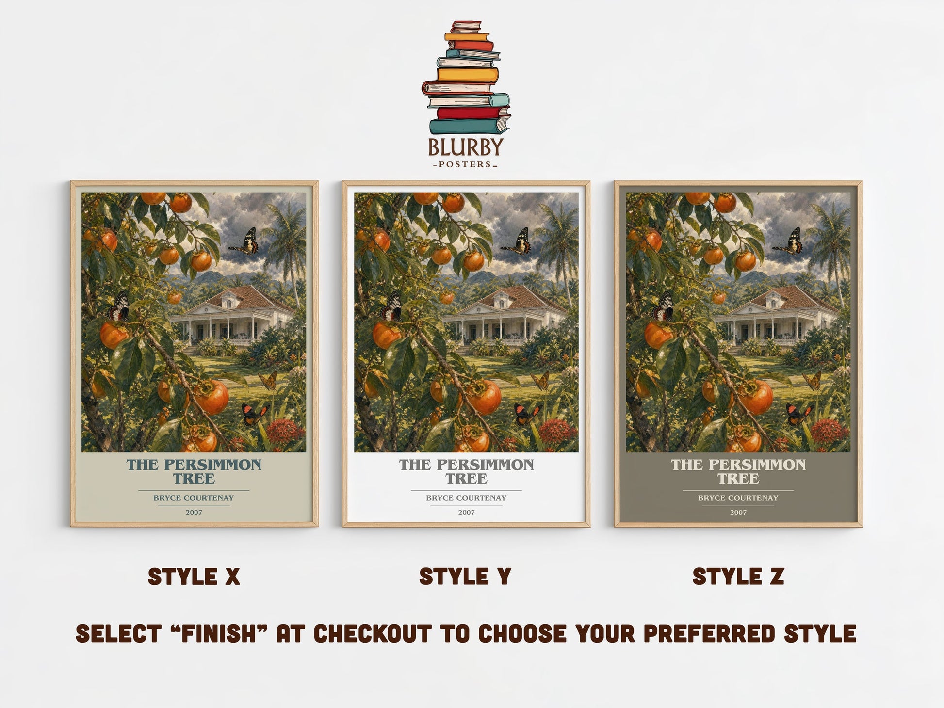 The Persimmon Tree book cover print in frame leaning in hallway – historical fiction wall art