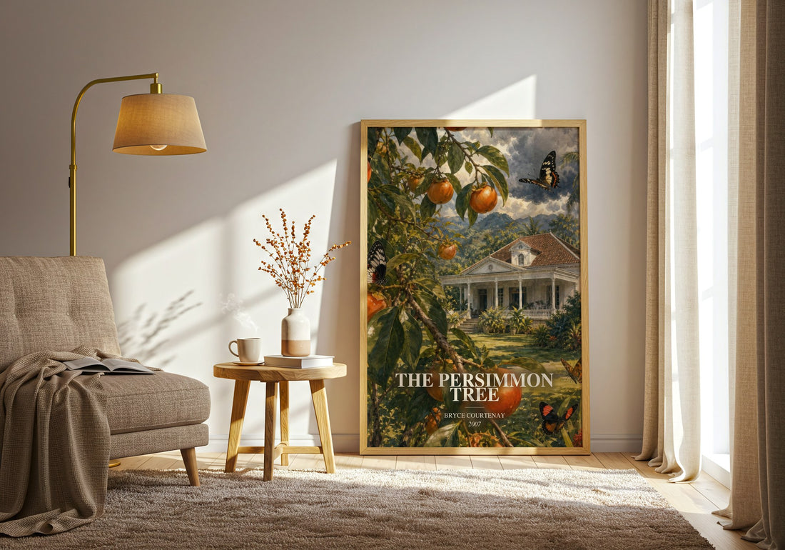 The Persimmon Tree watercolour print in frame leaning in hallway – historical fiction wall art (mockup)