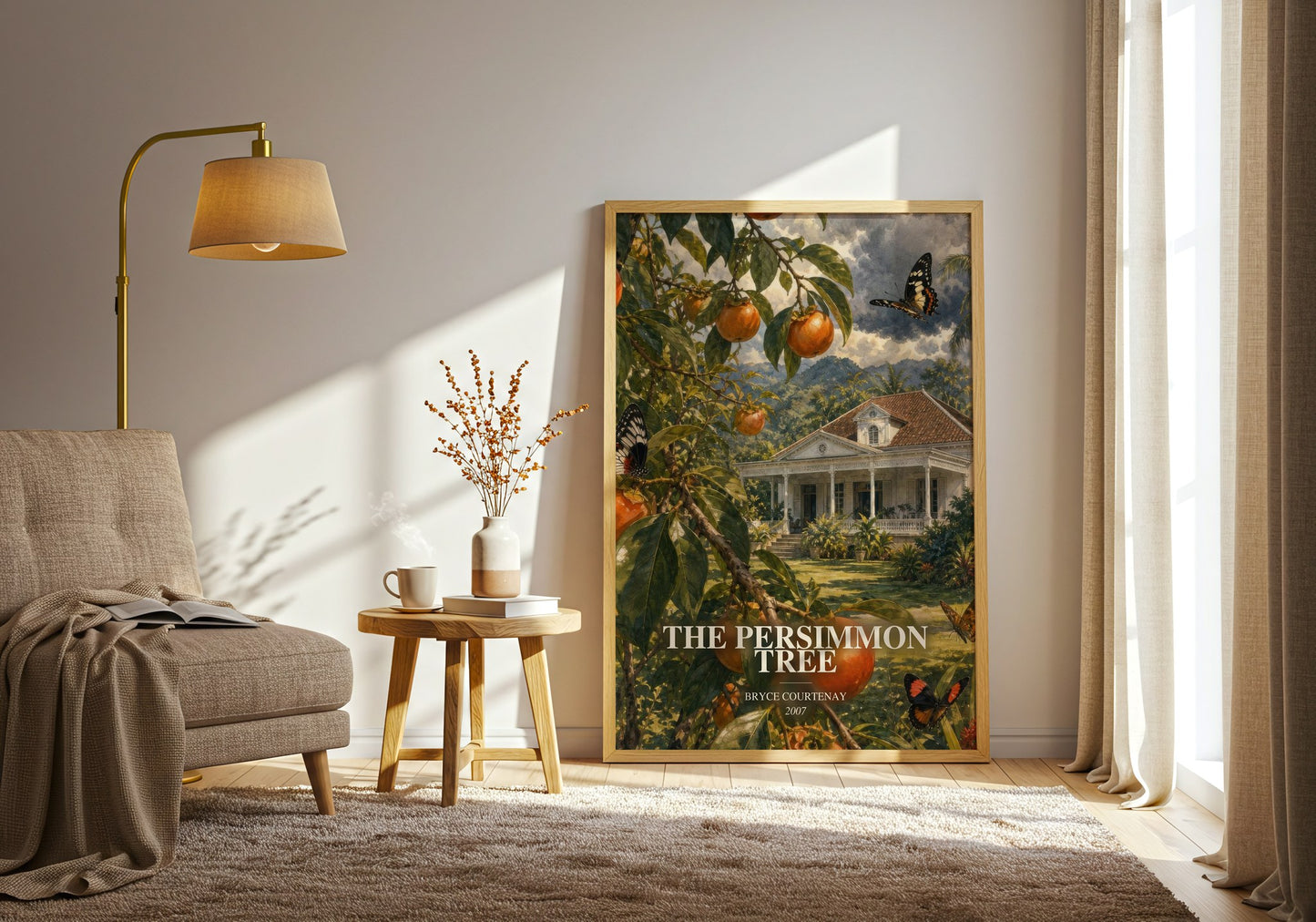 The Persimmon Tree watercolour print in frame leaning in hallway – historical fiction wall art