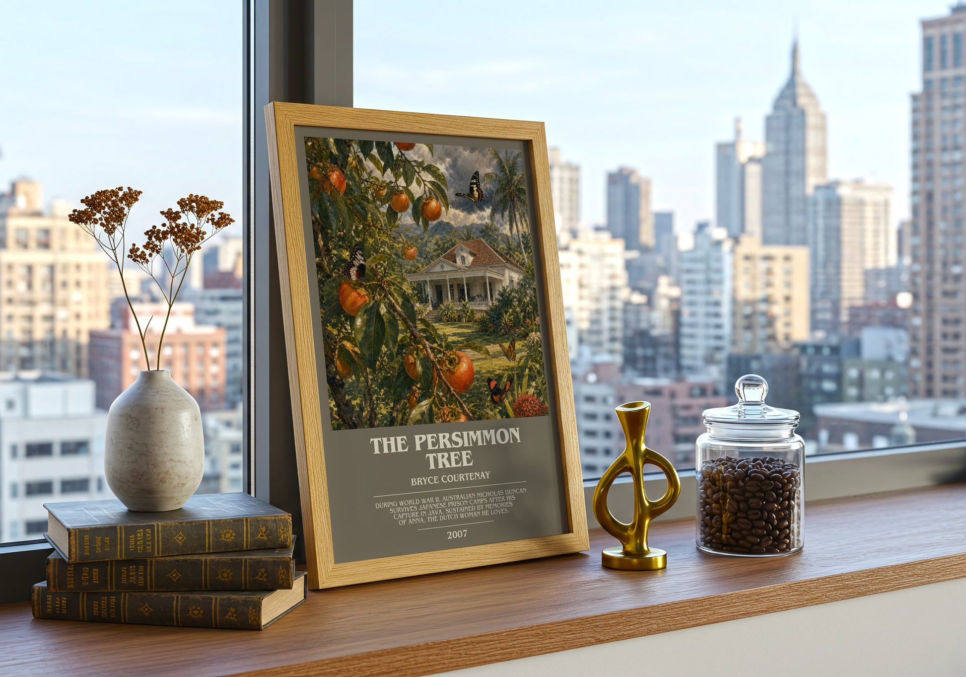 The Persimmon Tree bookish print framed by window – literary home decor