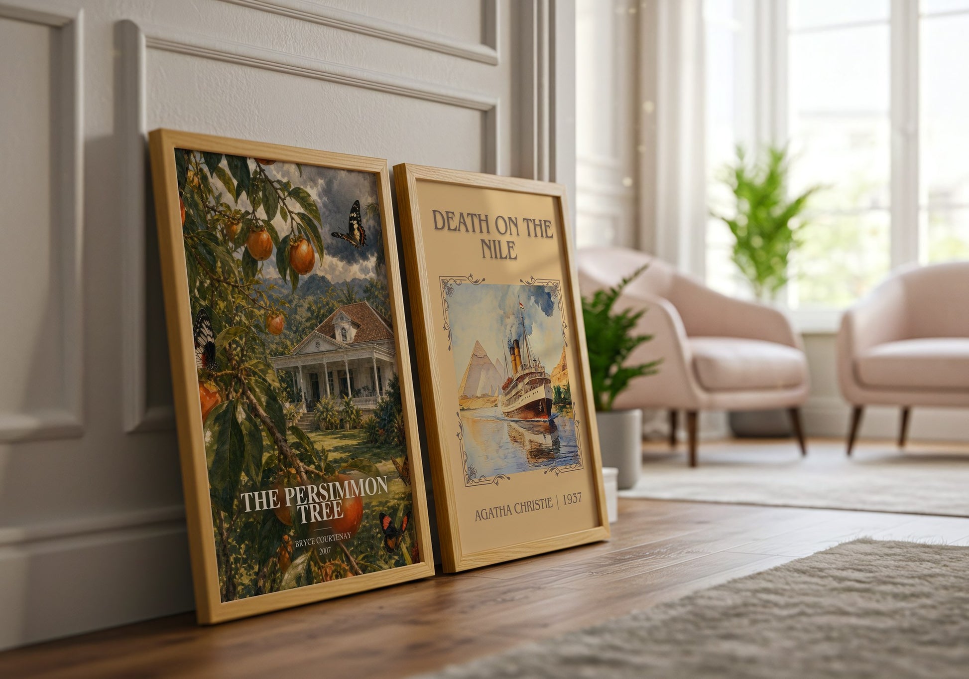 The Persimmon Tree watercolour print framed by window – literary home decor