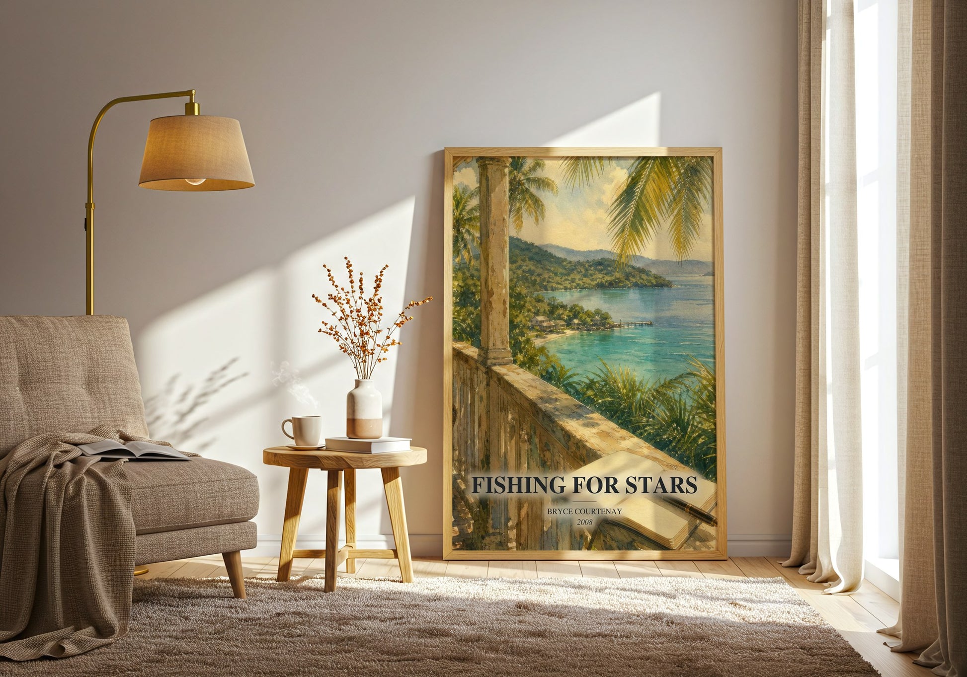 Fishing For Stars watercolour print in frame leaning in hallway – historical fiction wall art