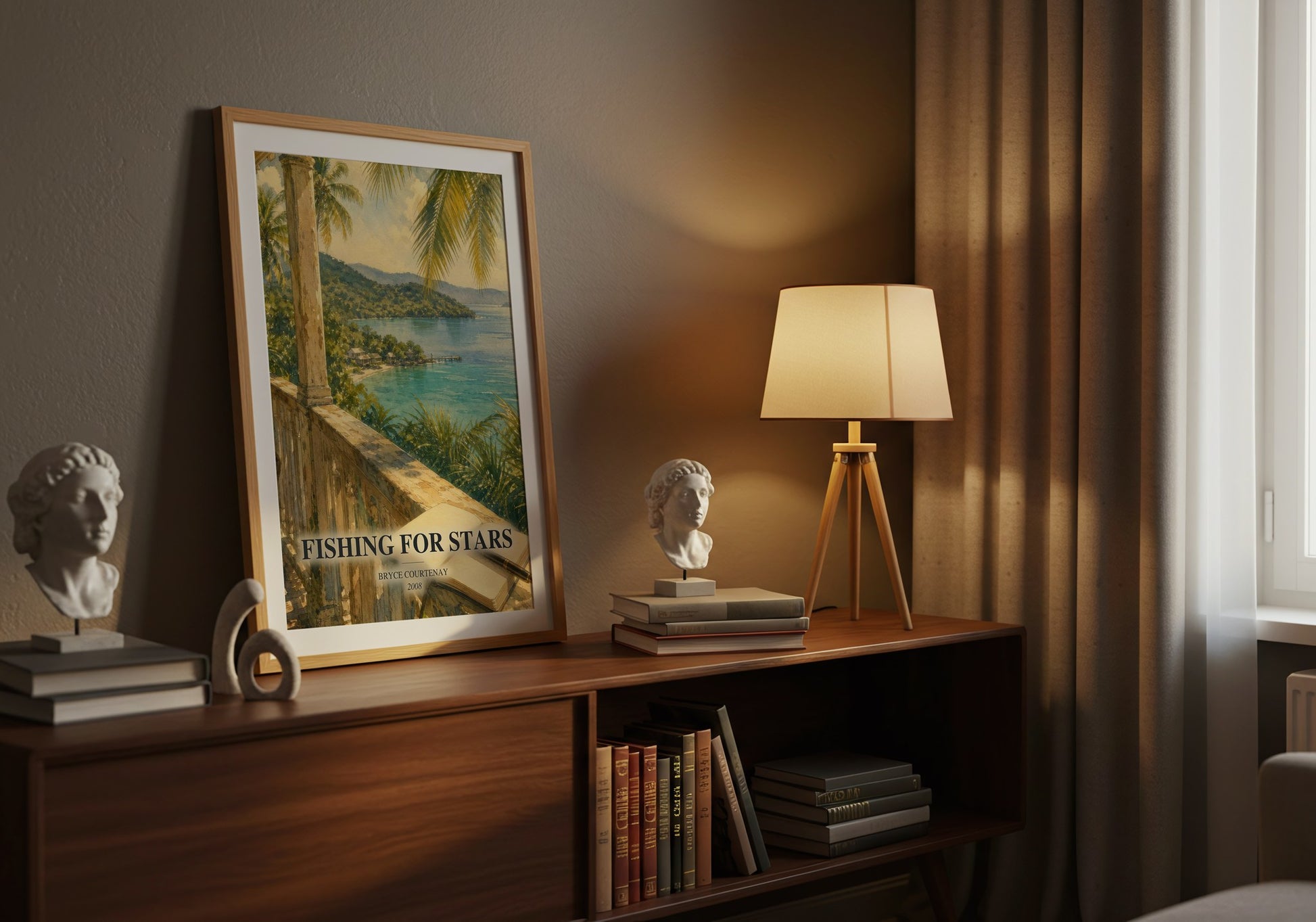 Fishing For Stars watercolour print on bookshelf – Bryce Courtenay fan gift