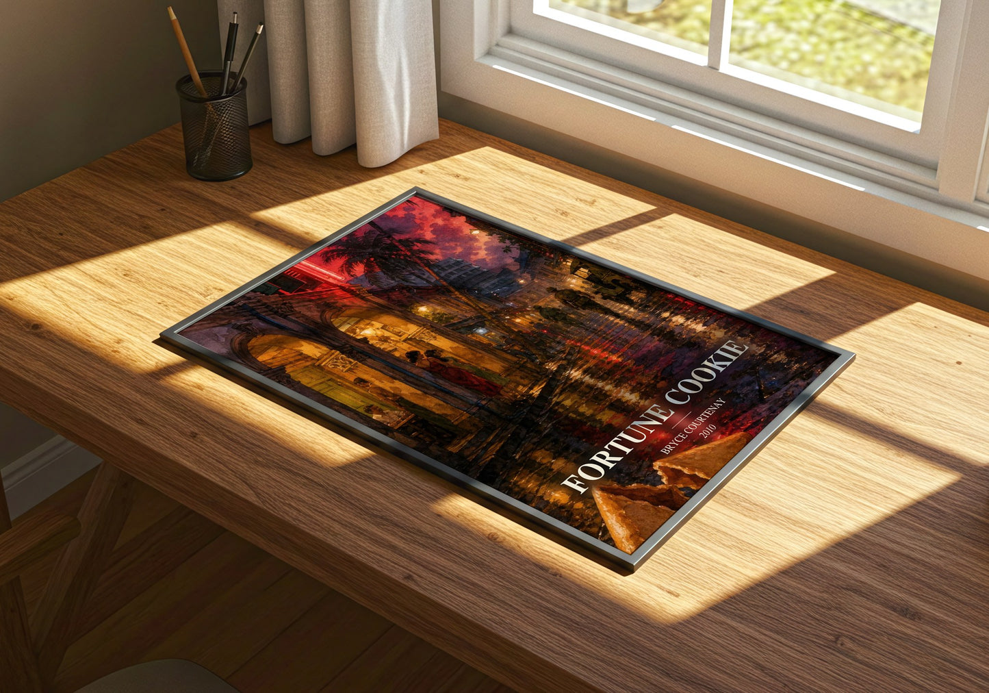 Fortune Cookie watercolour book poster framed on wall – thriller wall art