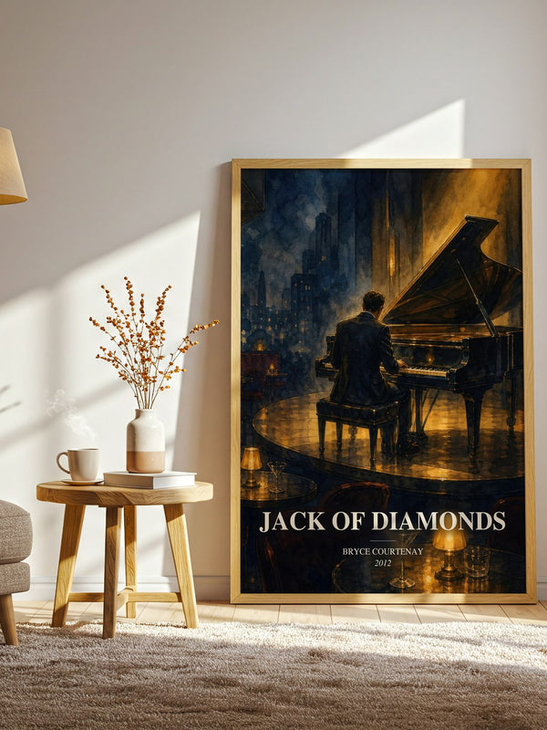 Jack Of Diamonds watercolour print in frame leaning in hallway – contemporary fiction wall art