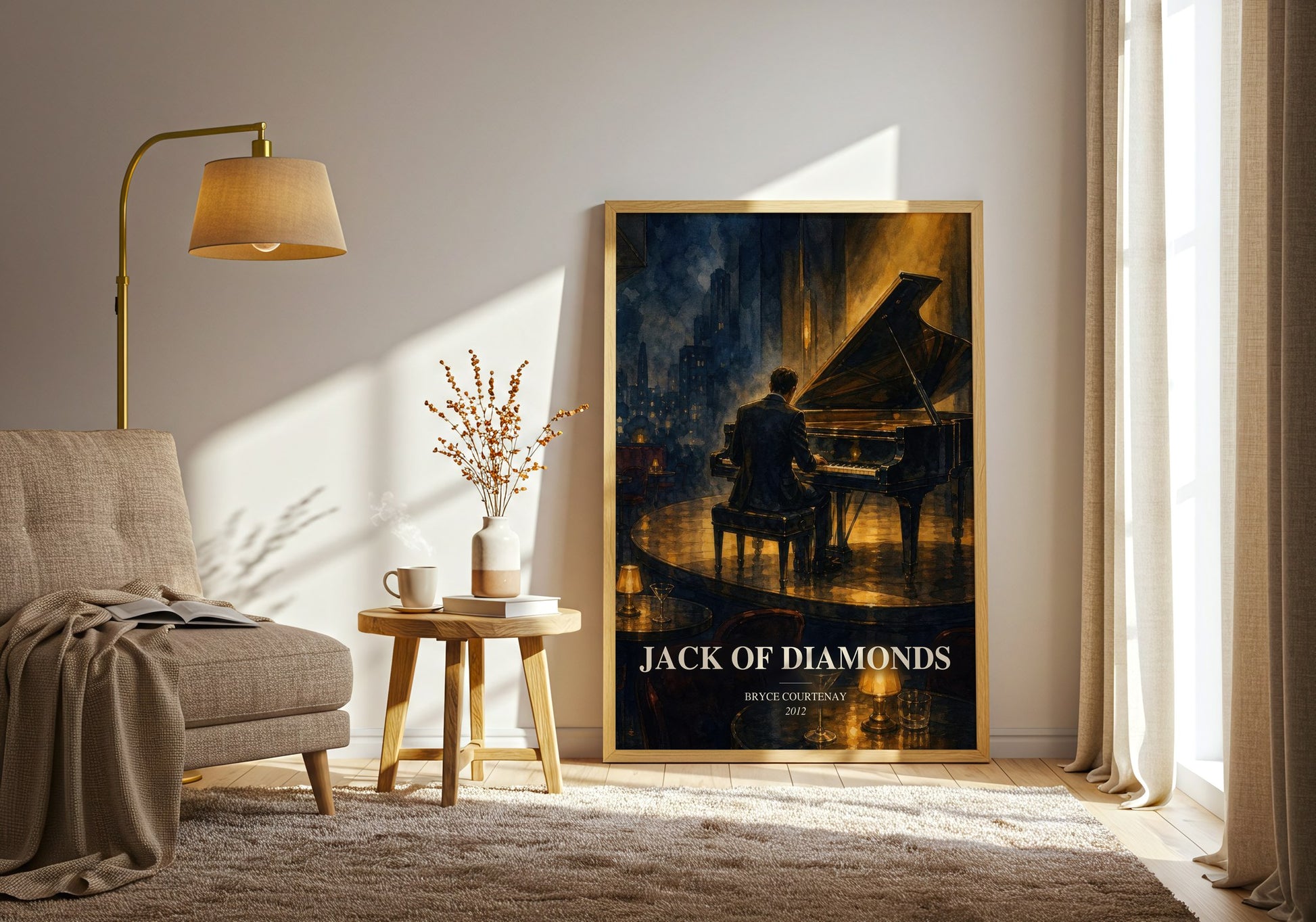 Jack Of Diamonds watercolour print in frame leaning in hallway – contemporary fiction wall art