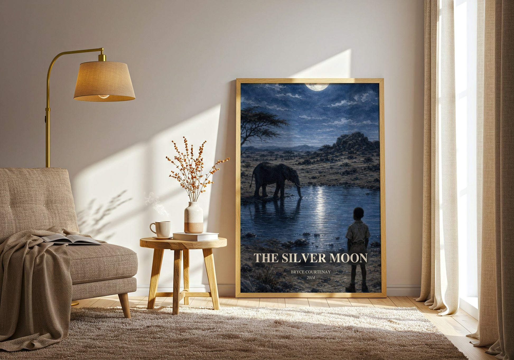 The Silver Moon watercolour print in frame leaning in hallway – memoir wall art