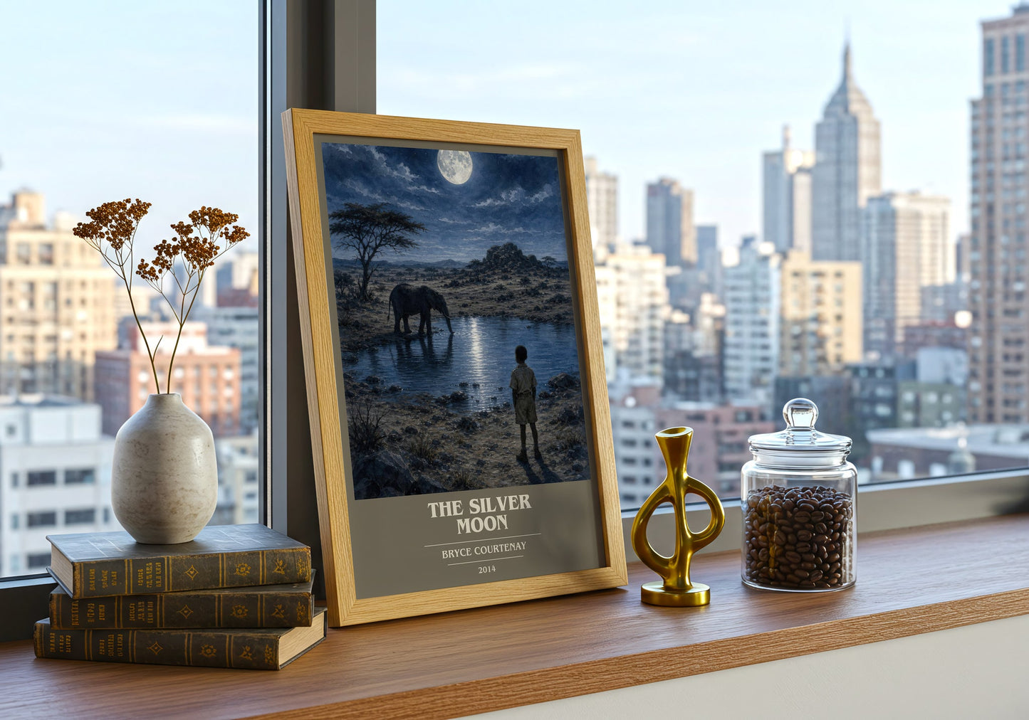The Silver Moon book cover print framed by window – literary home decor
