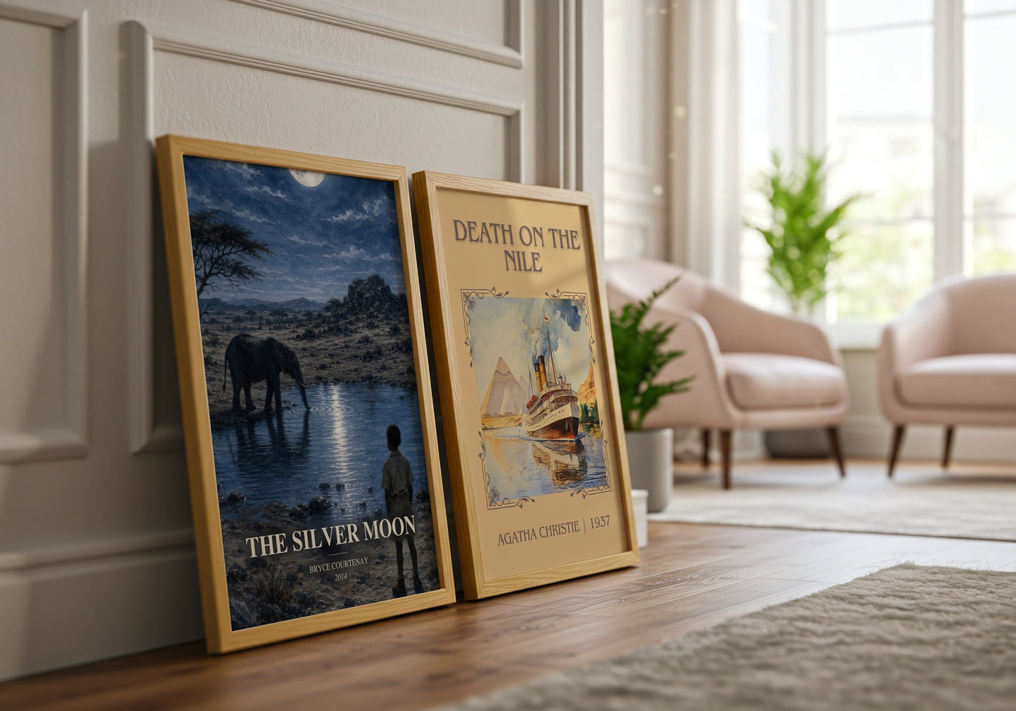 The Silver Moon watercolour print framed by window – literary home decor
