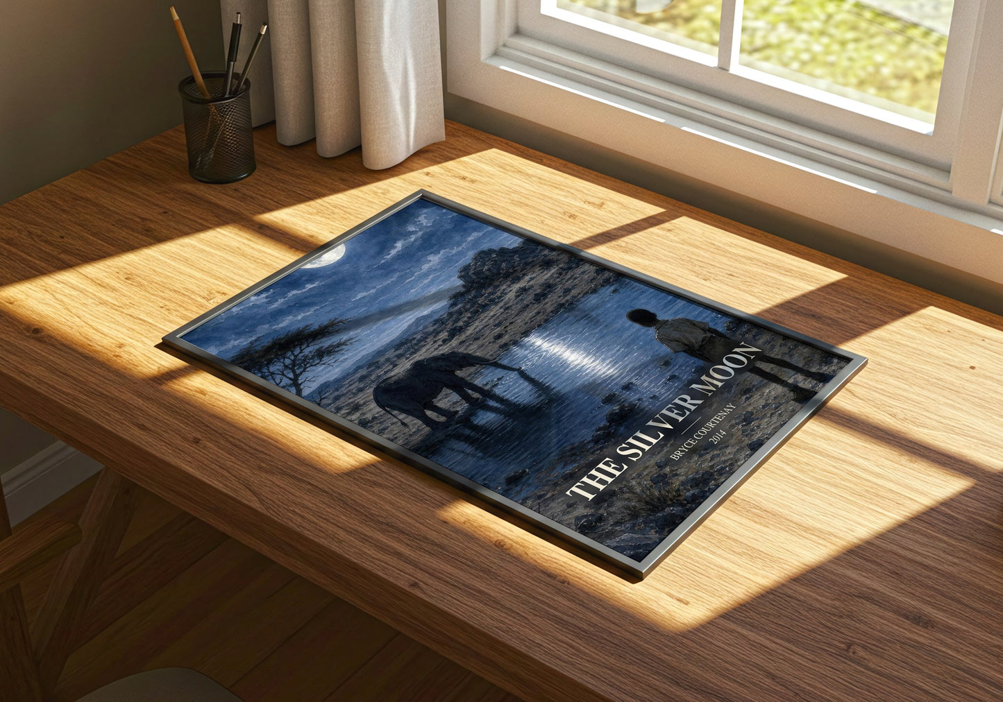 The Silver Moon watercolour book poster framed on wall – memoir wall art
